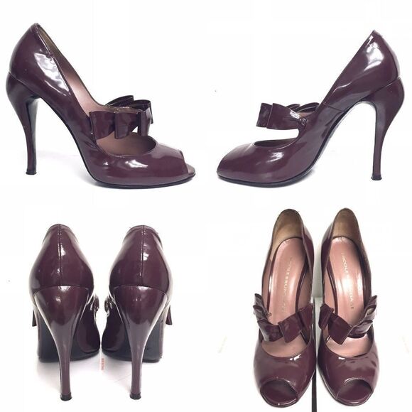 Nicole BRUNDAGE Vintage Peep Toe Patent Leather Mary Jane Pumps Burgundy 9 - Picture 2 of 7